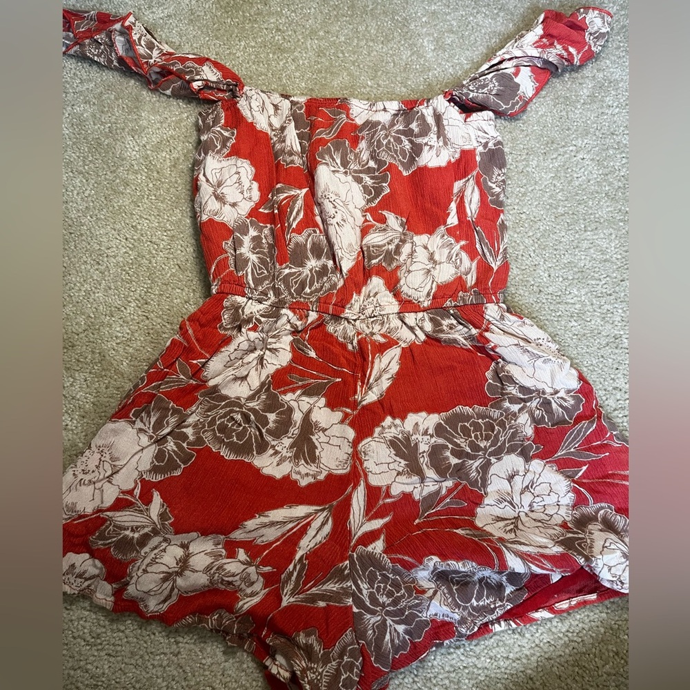 Off the shoulder orange floral romper